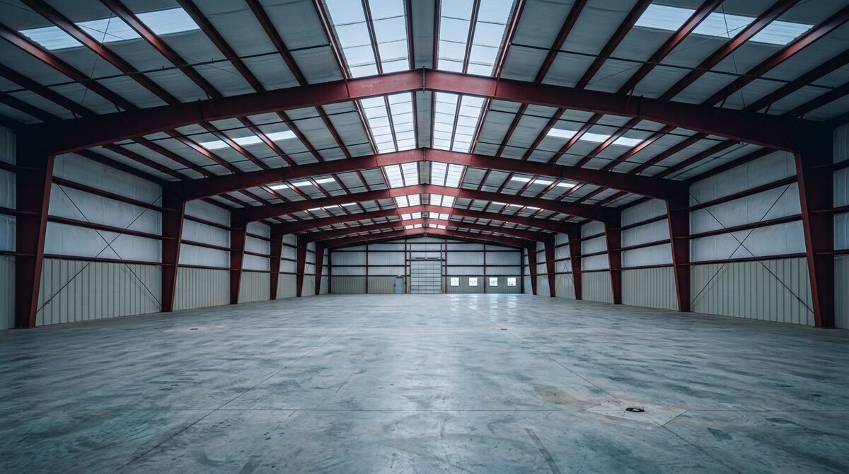 Interior of a clear span steel building showing wide open space with no columns