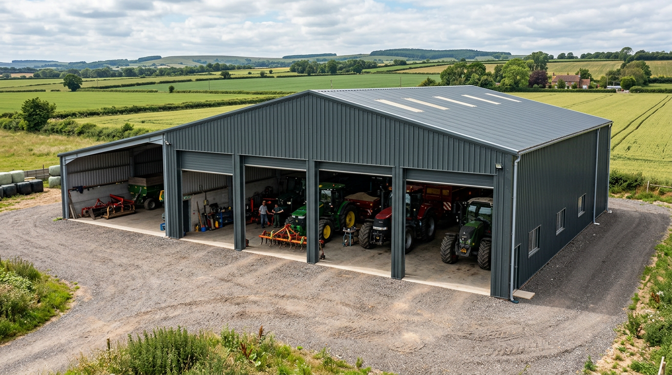 Steel agricultural building on a farm with wide doors and tractors