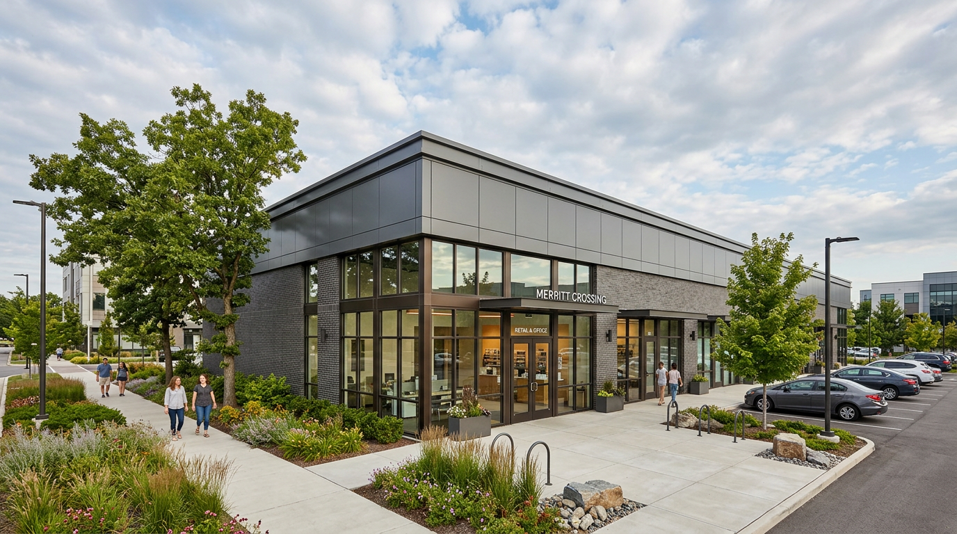 Modern steel commercial building with brick wainscot and storefront glass
