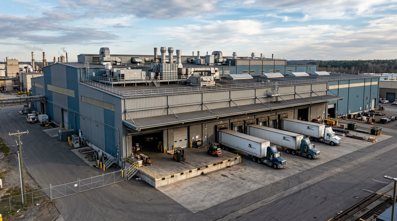 Steel manufacturing facility with ventilation systems and loading docks