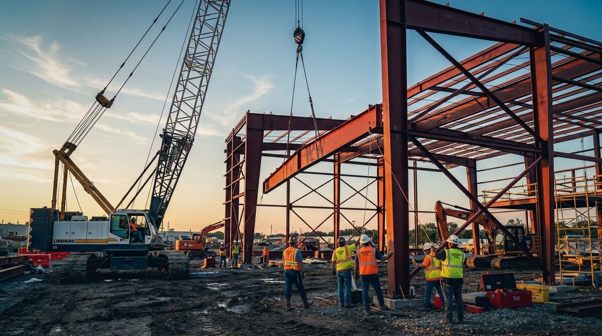 Steel building frame being erected with crane